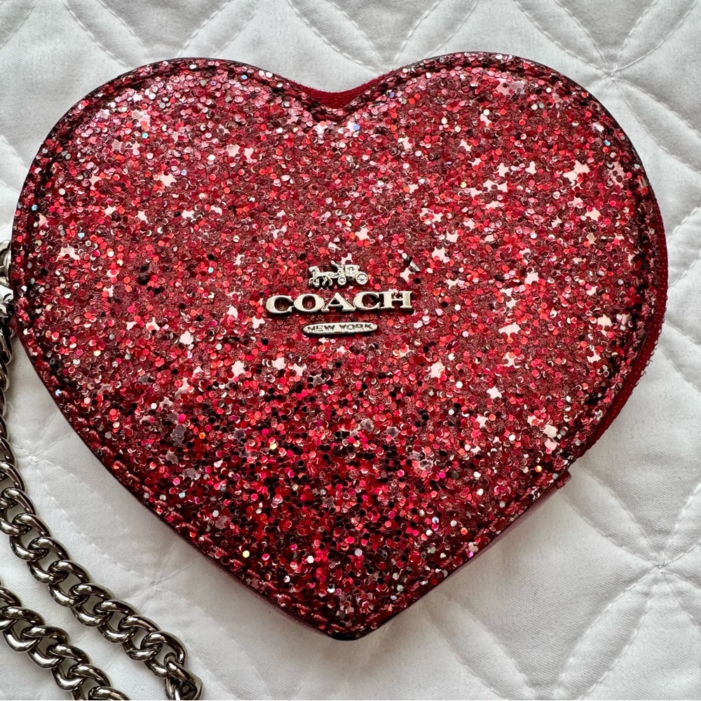 Coach Red Sparkle Glitter Leather Heart Coin Purse Bag Charm Mini Wallet - Picture 2 of 11